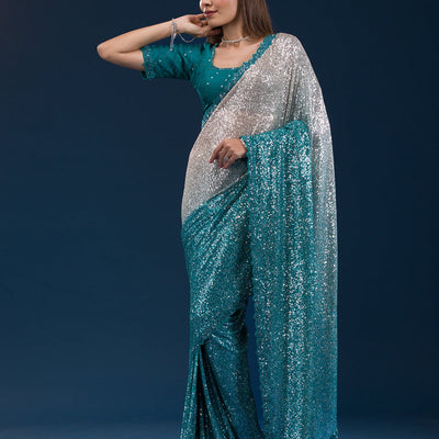 Sea Green Sequins Georgette Saree