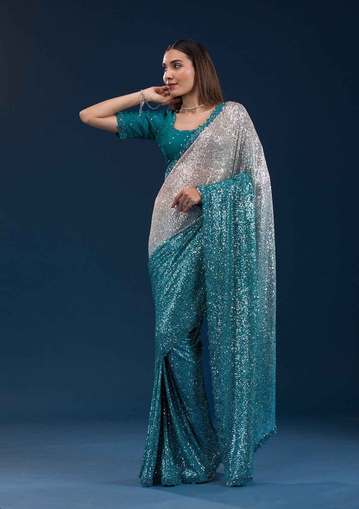 Sea Green Sequins Georgette Saree
