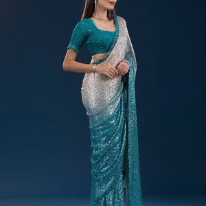 Sea Green Sequins Georgette Saree