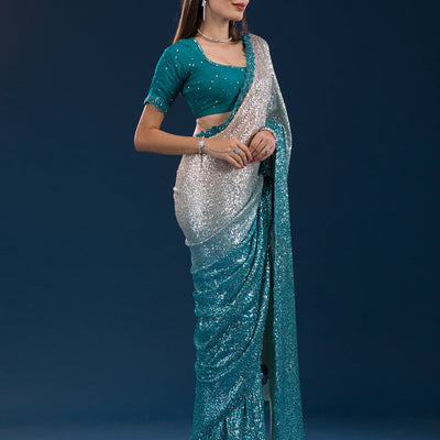 Sea Green Sequins Georgette Saree