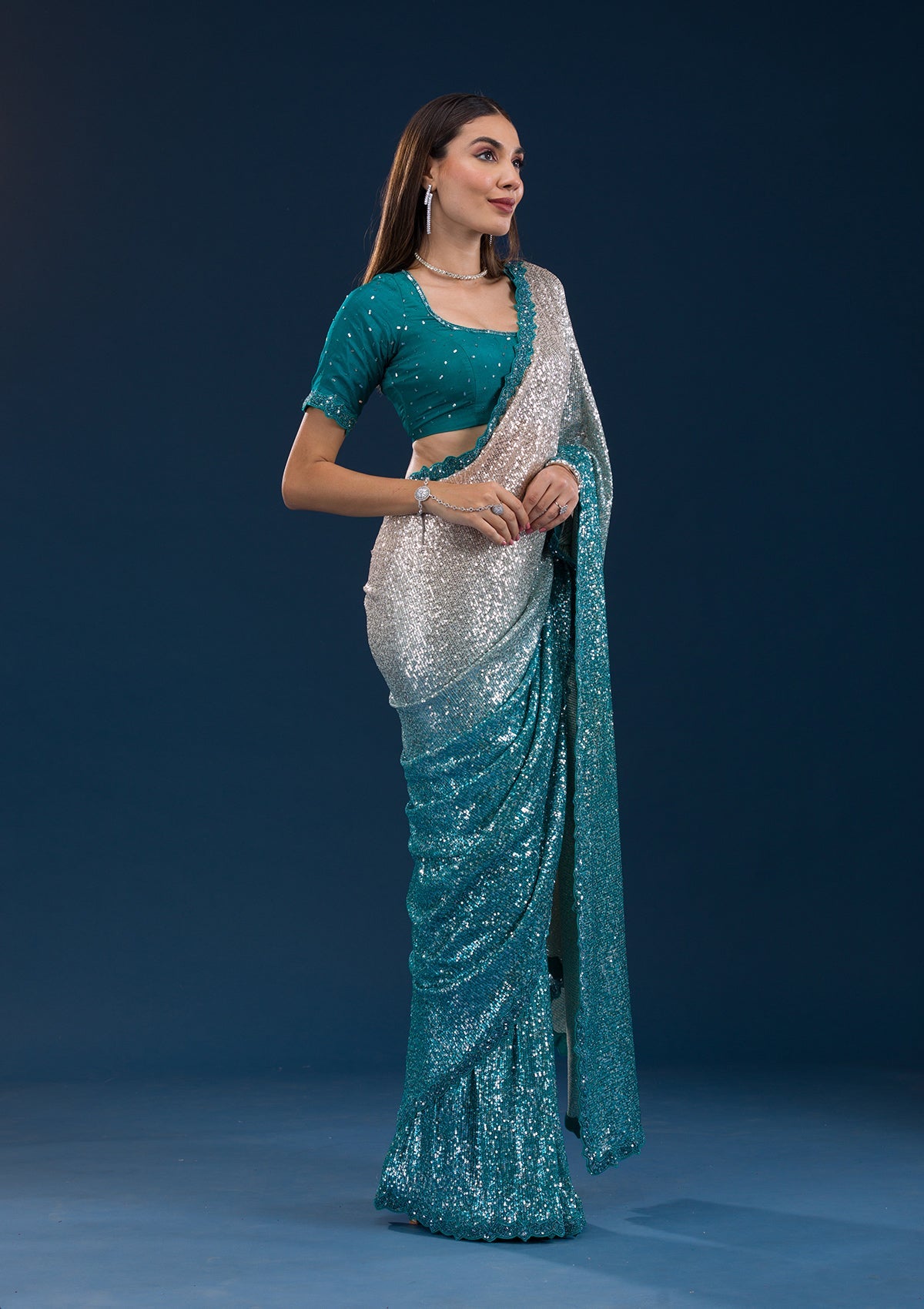 Sea Green Sequins Georgette Saree