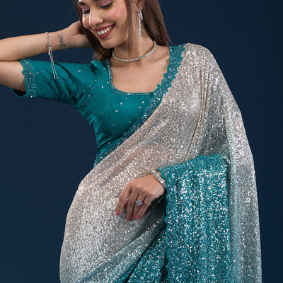Sea Green Sequins Georgette Saree