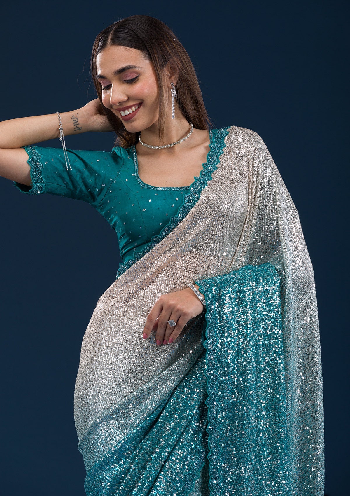 Sea Green Sequins Georgette Saree
