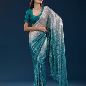 Sea Green Sequins Georgette Saree