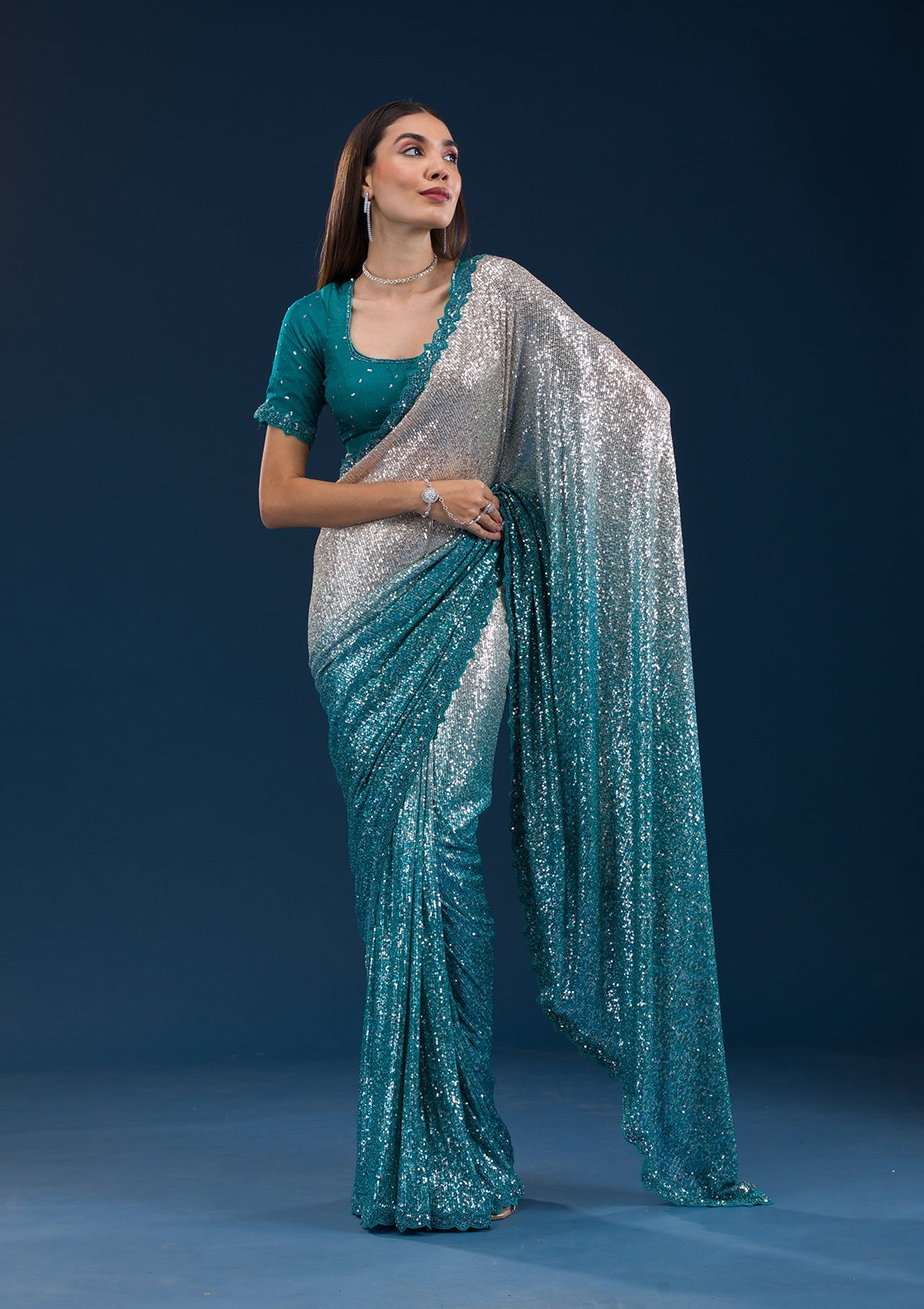 Sea Green Sequins Georgette Saree