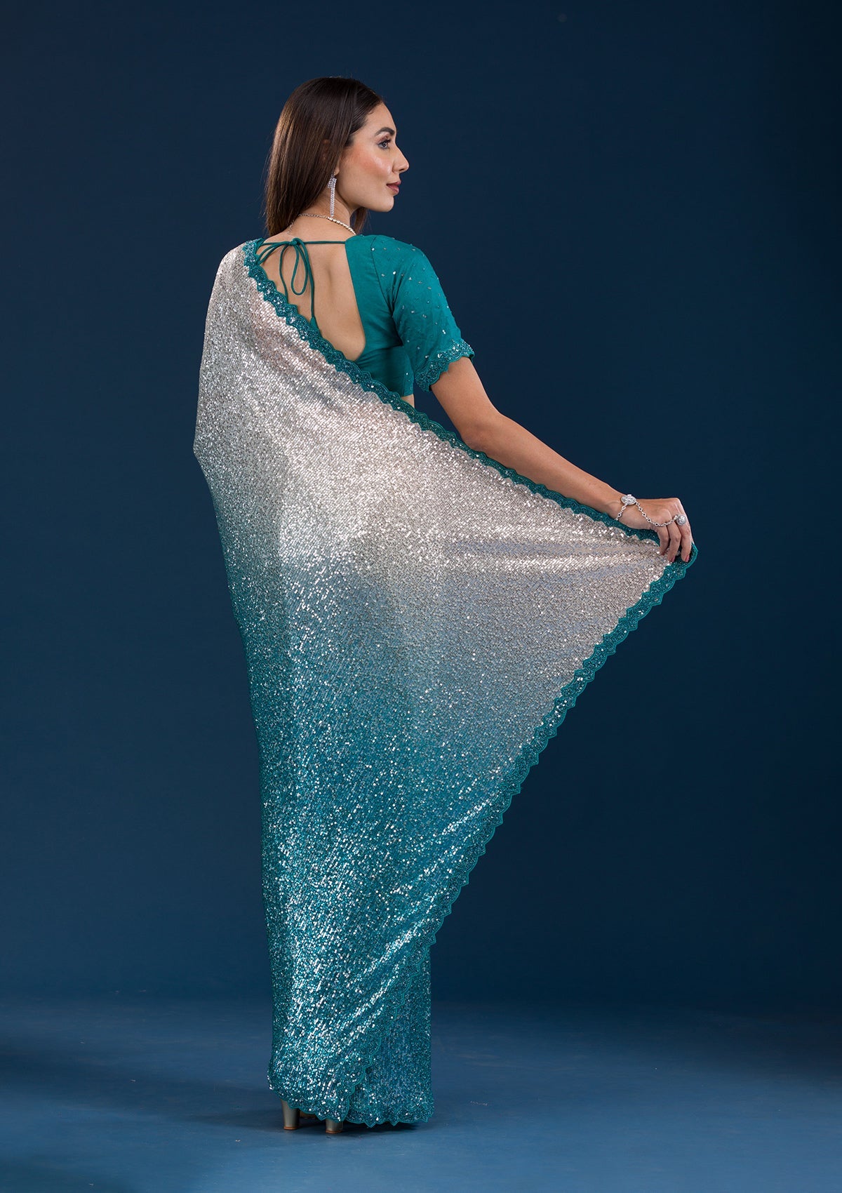 Sea Green Sequins Georgette Saree