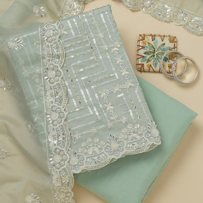 Sea Green Sequins Organza Unstitched Salwar Suit