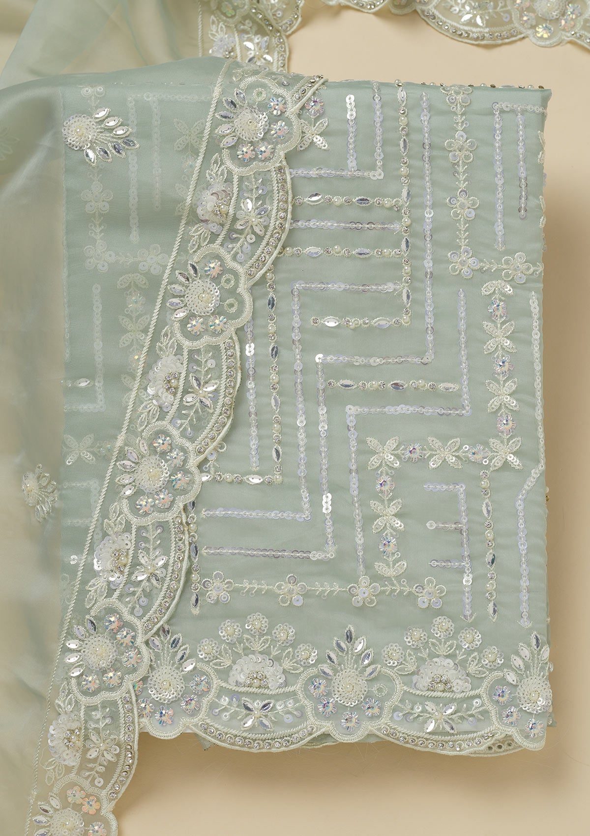 Sea Green Sequins Organza Unstitched Salwar Suit