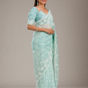 Sea Green Sequins Tissue Saree