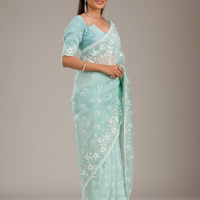 Sea Green Sequins Tissue Saree