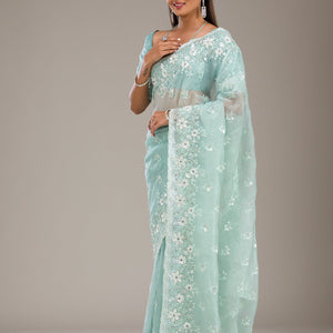 Sea Green Sequins Tissue Saree