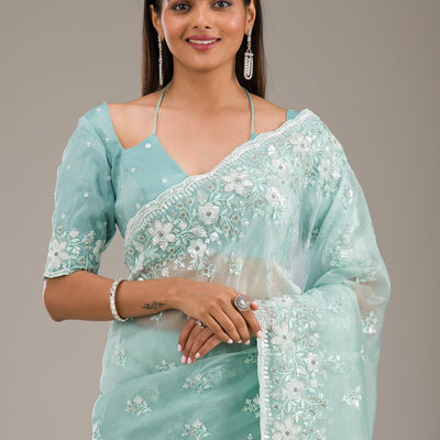 Sea Green Sequins Tissue Saree