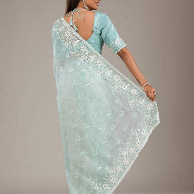 Sea Green Sequins Tissue Saree
