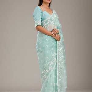 Sea Green Sequins Tissue Saree
