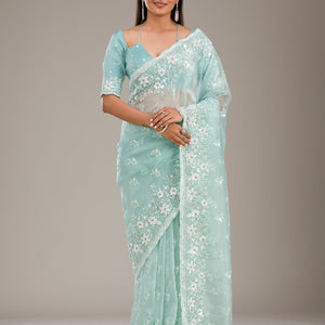Sea Green Sequins Tissue Saree