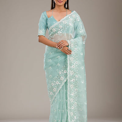 Sea Green Sequins Tissue Saree