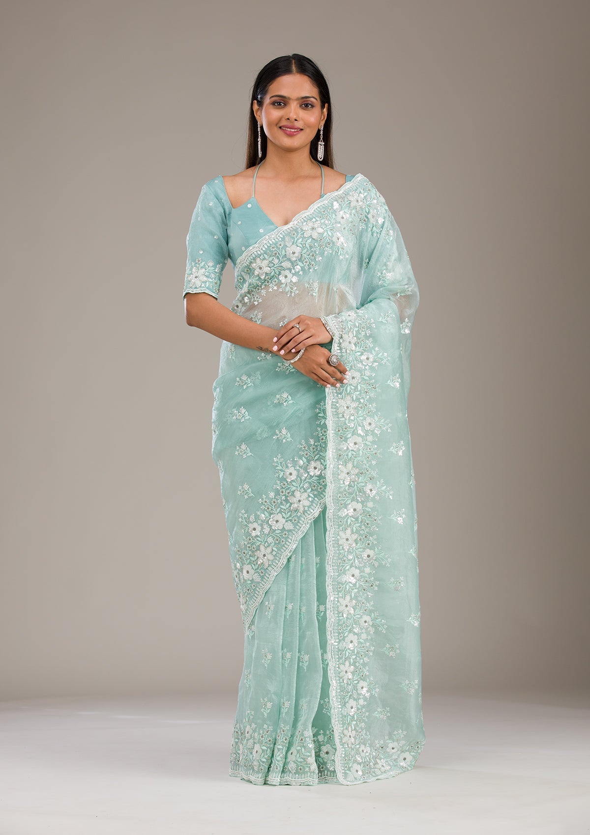 Sea Green Sequins Tissue Saree