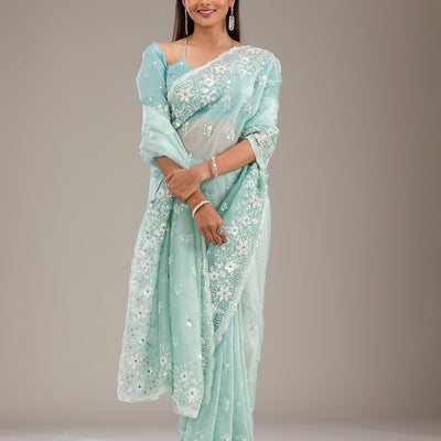 Sea Green Sequins Tissue Saree