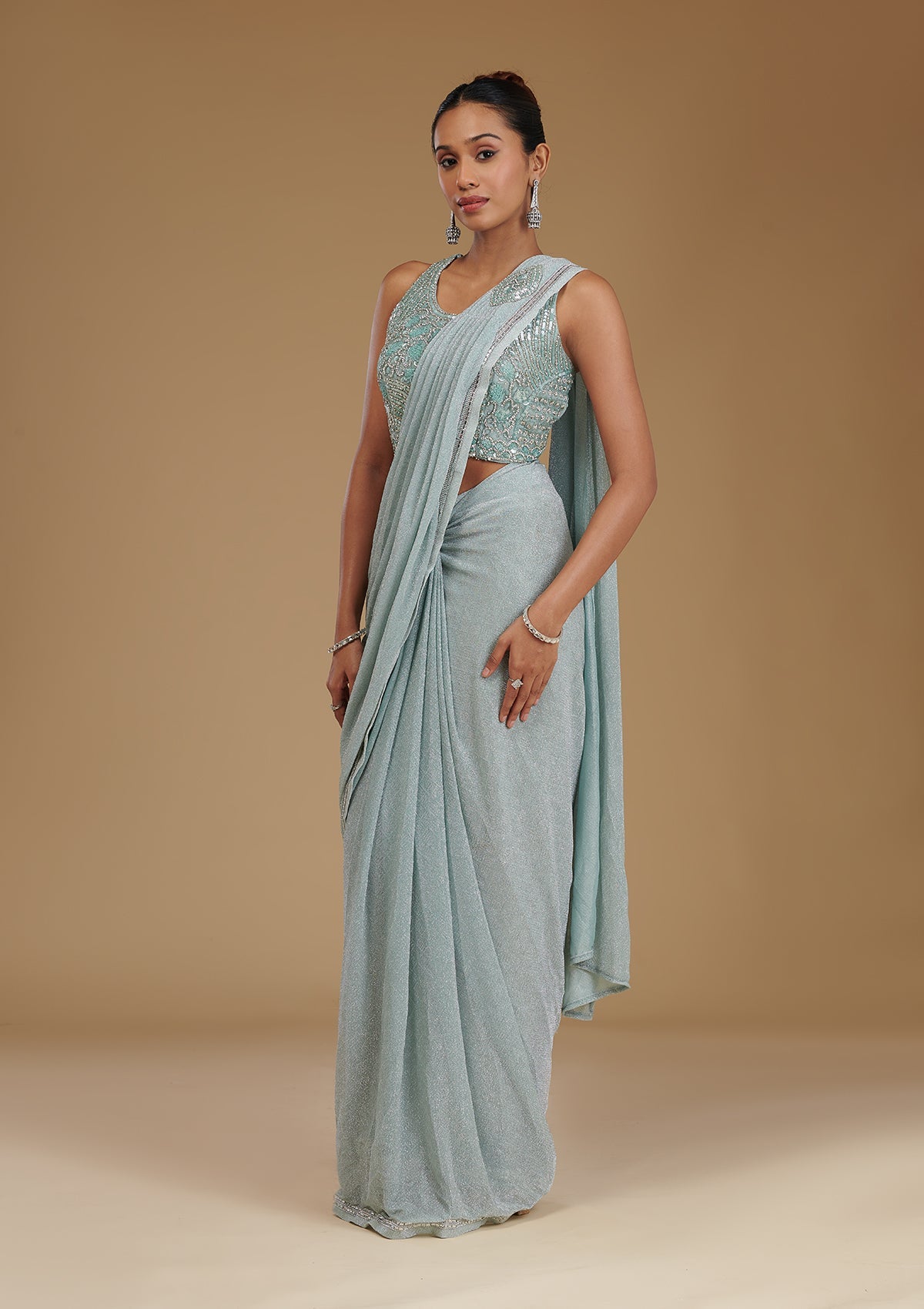 Sea Green Stonework Chiffon Readymade Saree