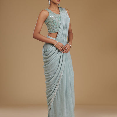 Sea Green Stonework Chiffon Readymade Saree