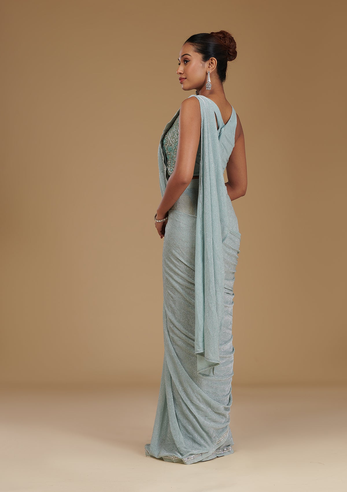 Sea Green Stonework Chiffon Readymade Saree