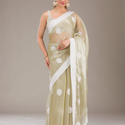 Sea Green Threadwork Organza Saree