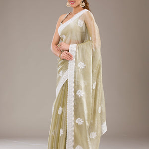 Sea Green Threadwork Organza Saree