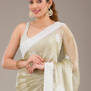 Sea Green Threadwork Organza Saree
