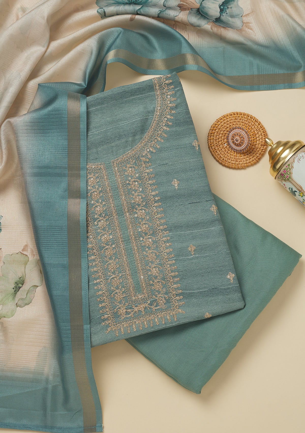 Sea Green Zariwork Raw Silk Unstitched Salwar Suit