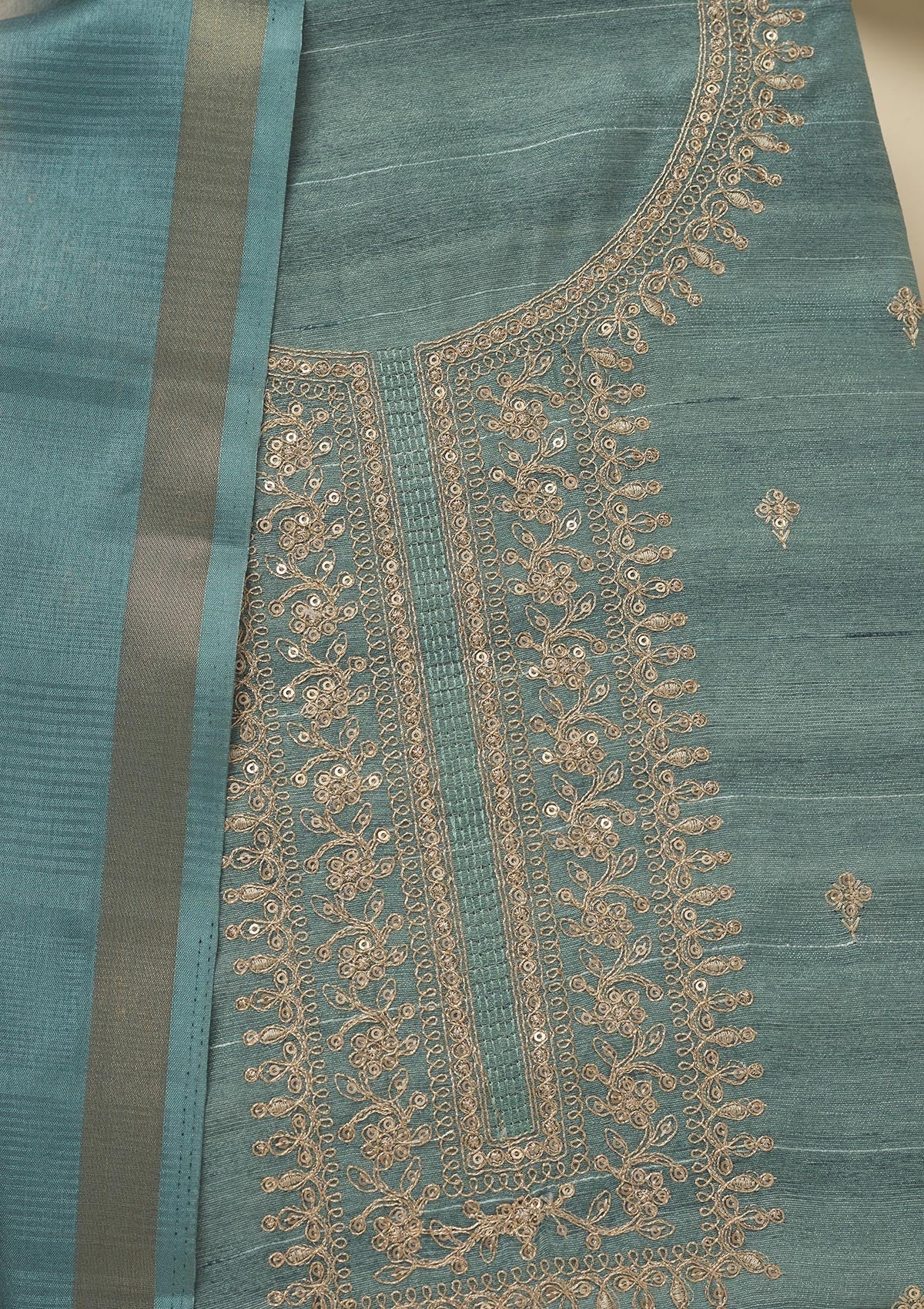Sea Green Zariwork Raw Silk Unstitched Salwar Suit