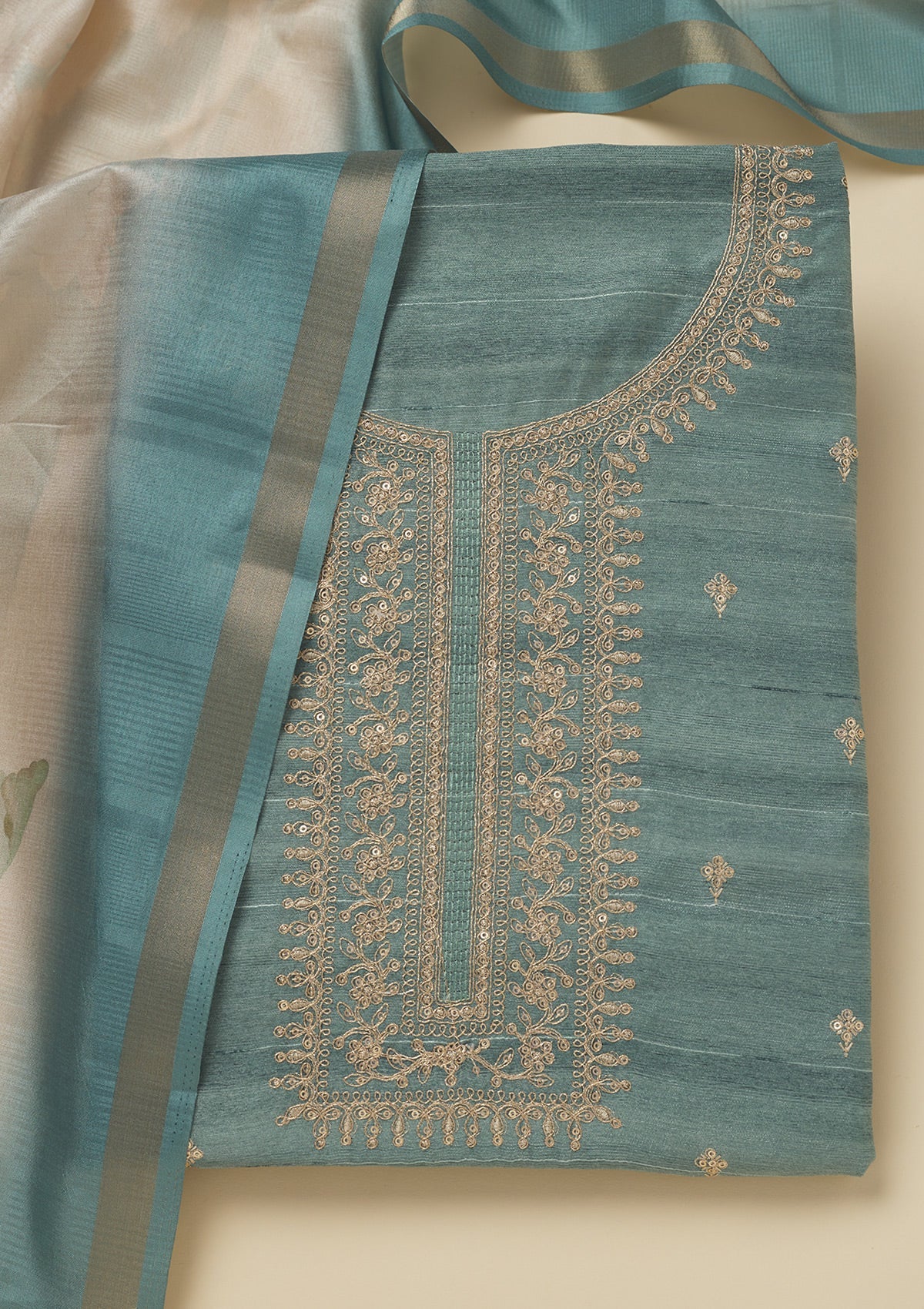 Sea Green Zariwork Raw Silk Unstitched Salwar Suit