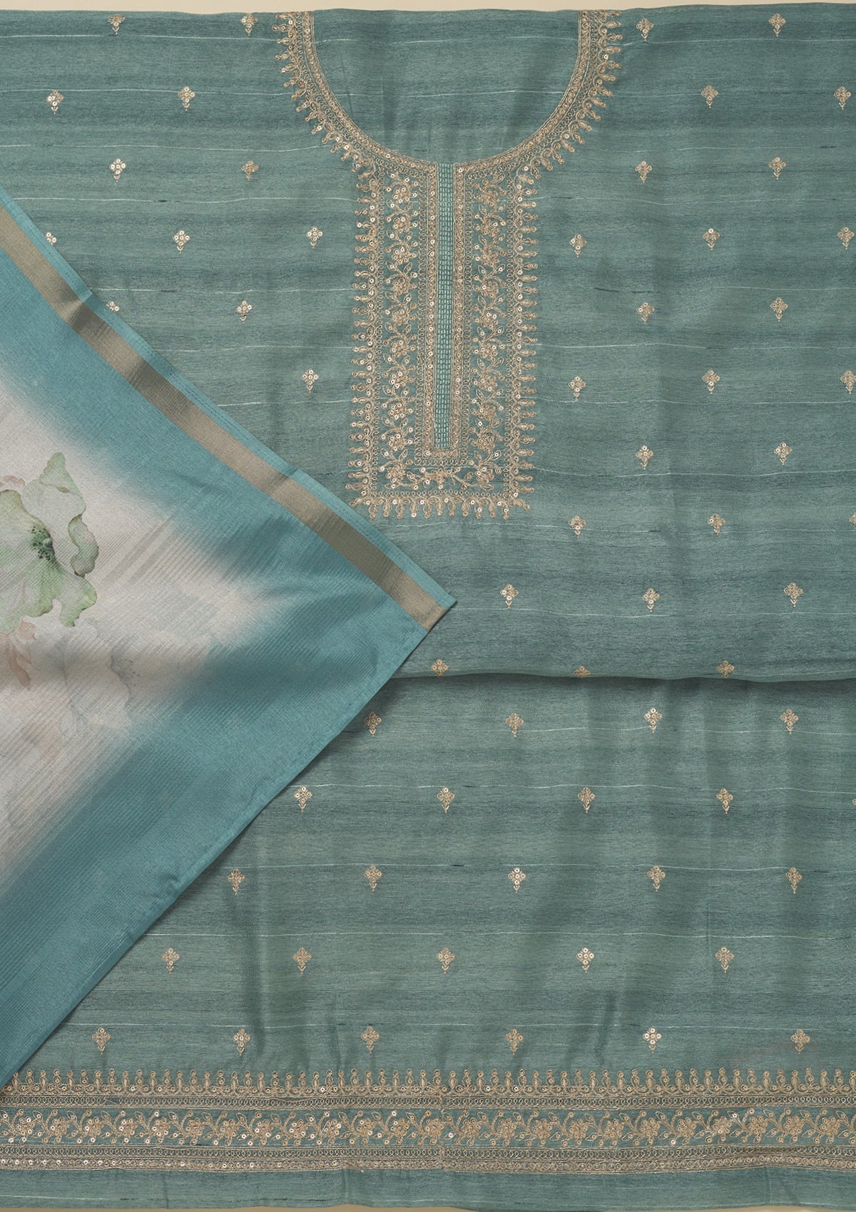 Sea Green Zariwork Raw Silk Unstitched Salwar Suit