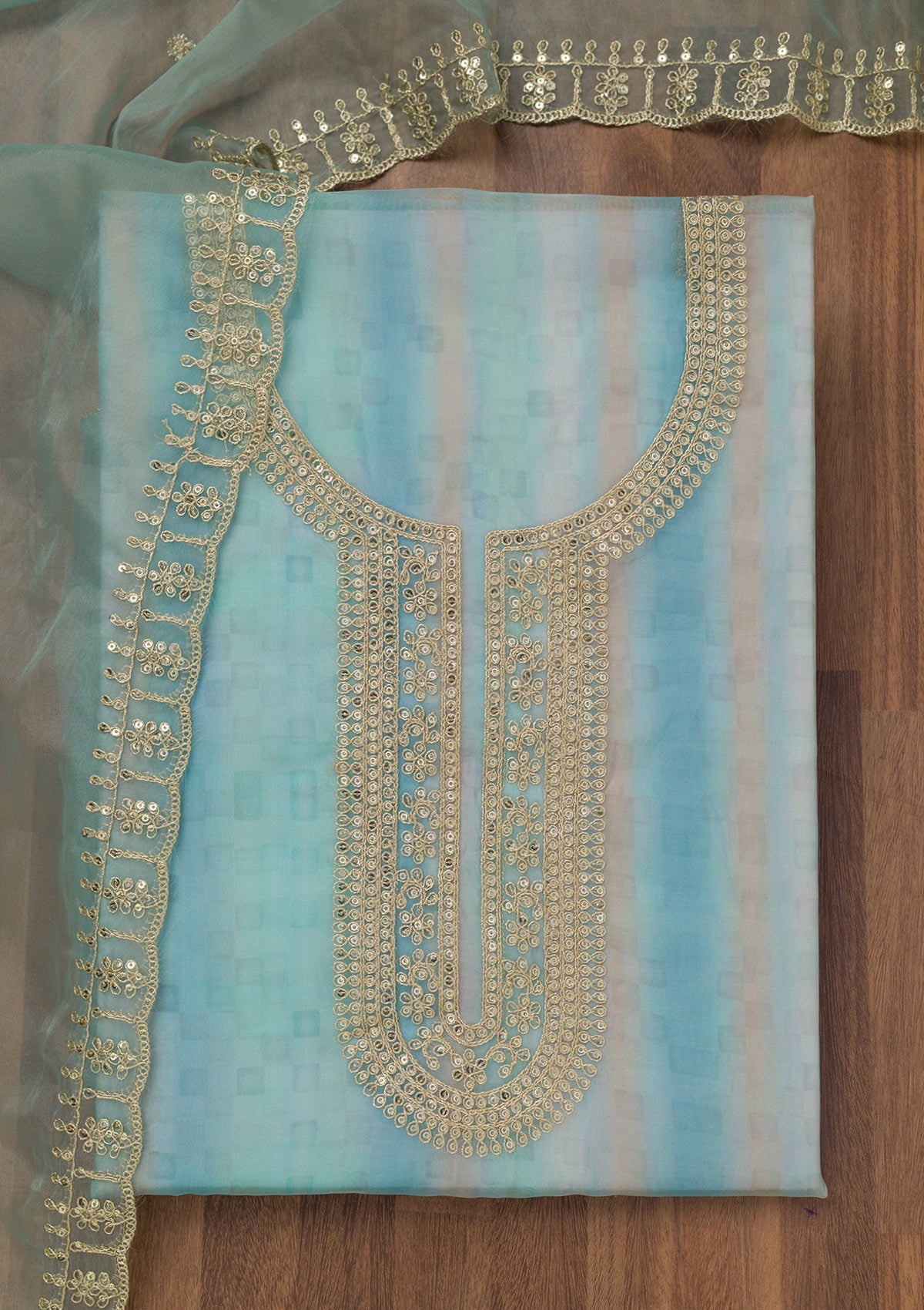 Sky Blue Zariwork Semi Crepe Unstitched Salwar Suit