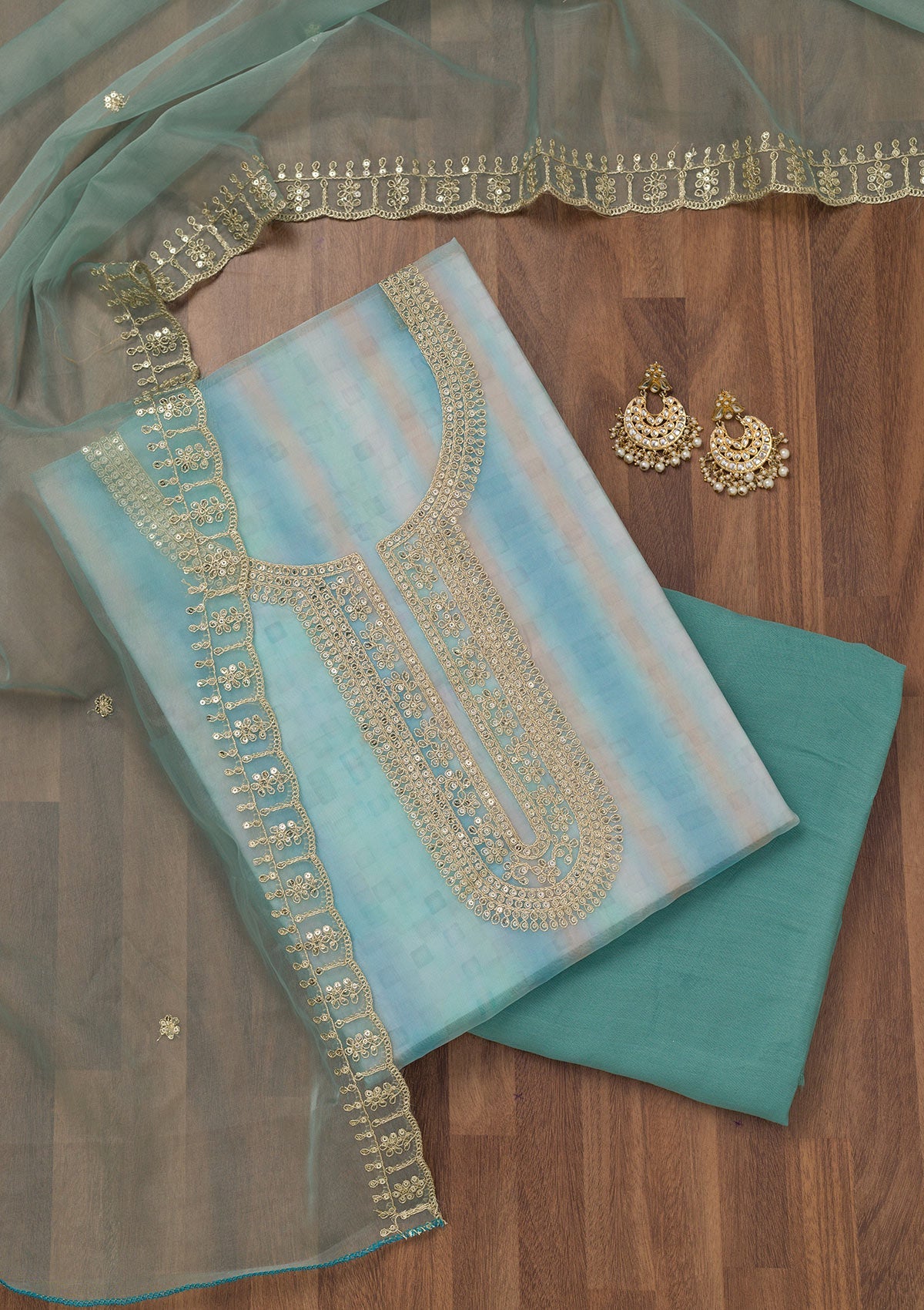 Sky Blue Zariwork Semi Crepe Unstitched Salwar Suit