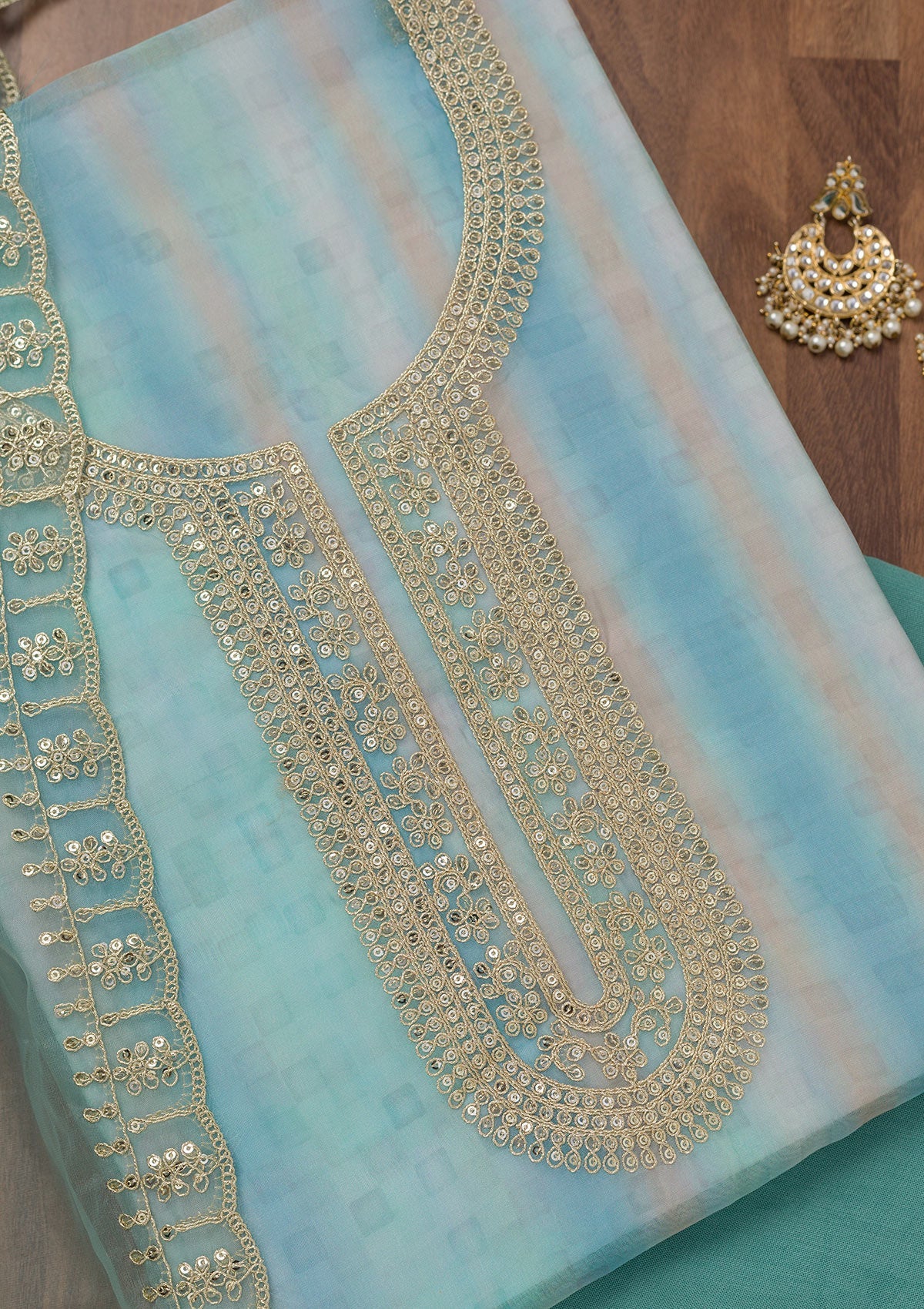 Sky Blue Zariwork Semi Crepe Unstitched Salwar Suit