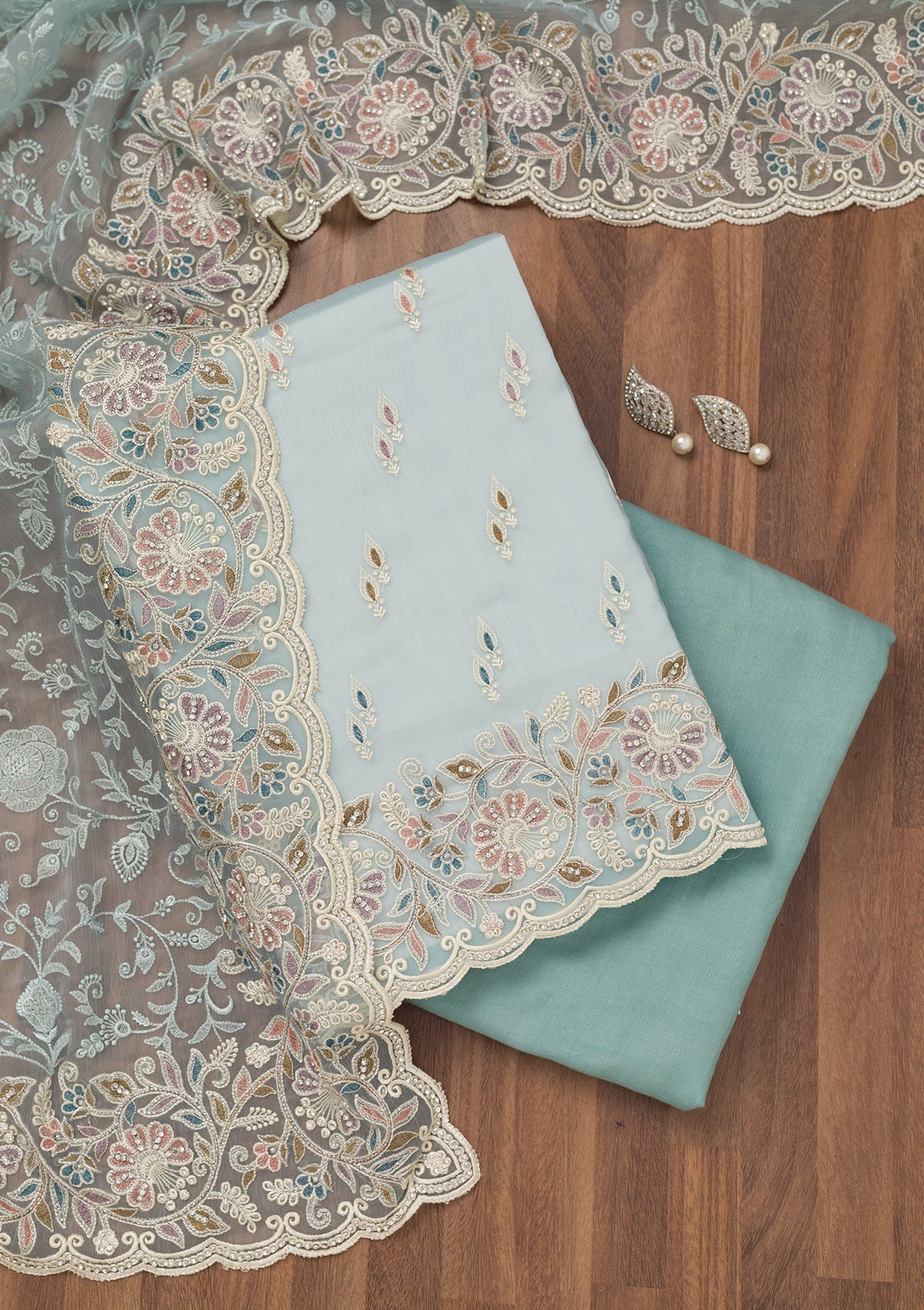 Sky Blue Chiffon Semi Crepe Unstitched Salwar Suit