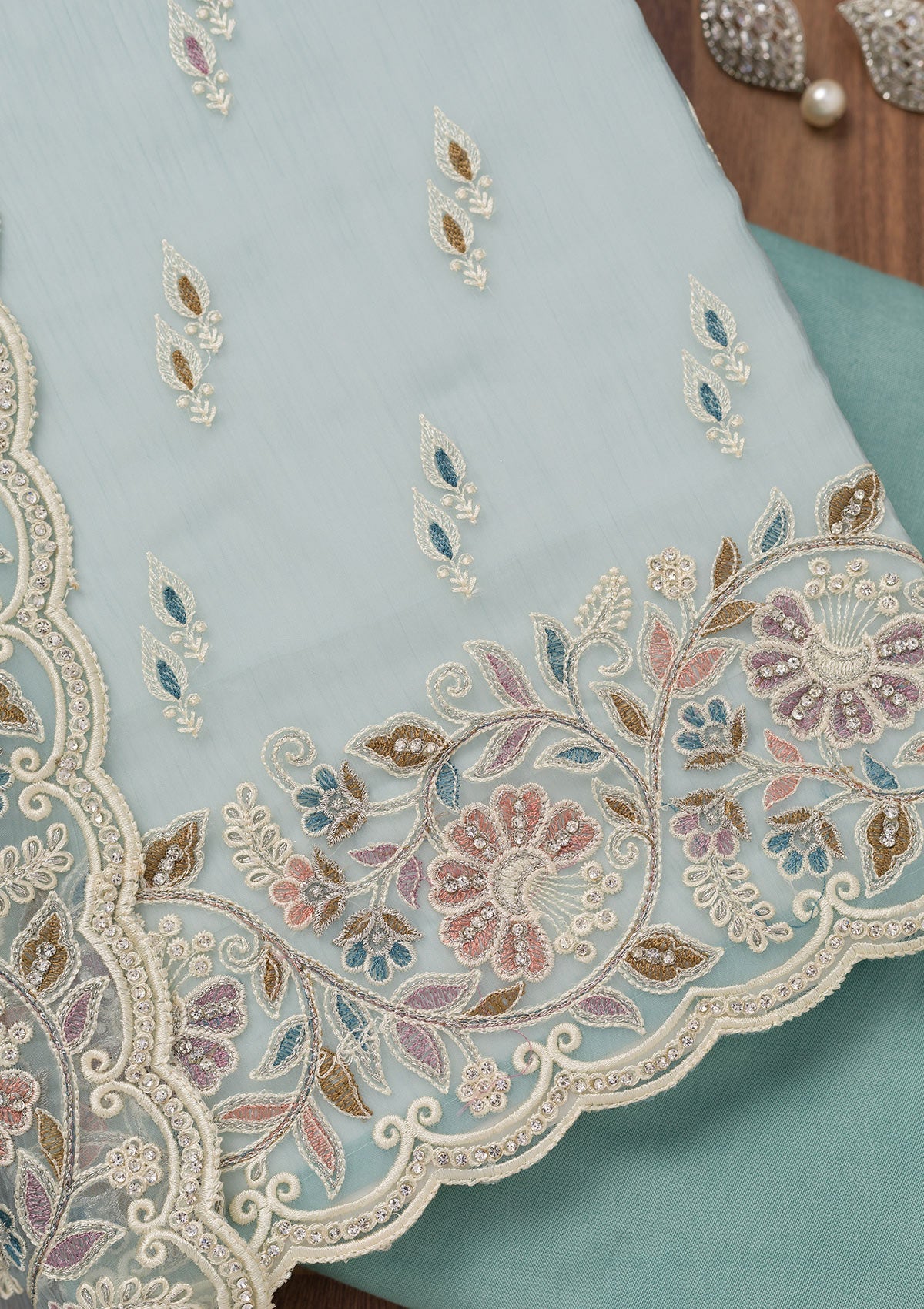 Sky Blue Chiffon Semi Crepe Unstitched Salwar Suit