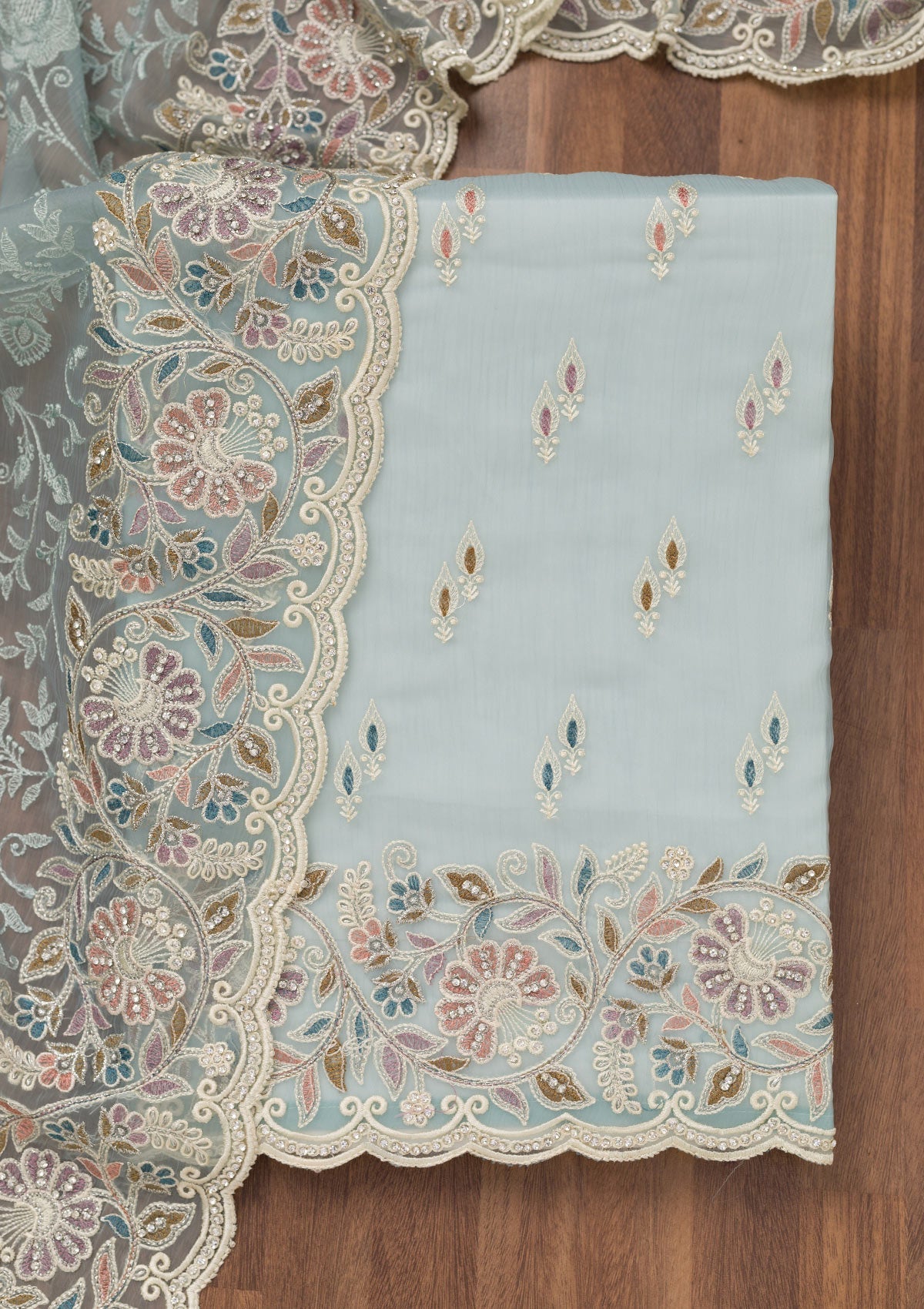 Sky Blue Chiffon Semi Crepe Unstitched Salwar Suit