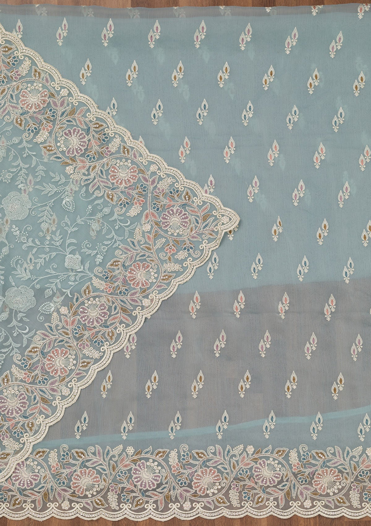 Sky Blue Chiffon Semi Crepe Unstitched Salwar Suit