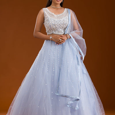 Sky Blue Cutdana Net Readymade Lehenga