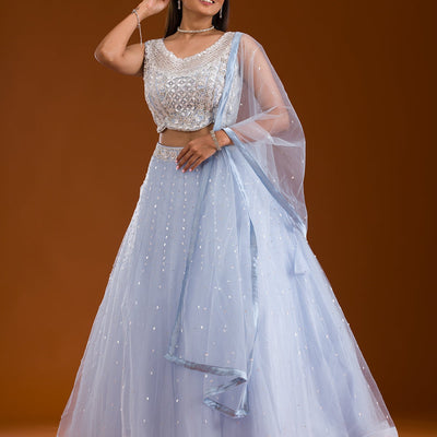 Sky Blue Cutdana Net Readymade Lehenga