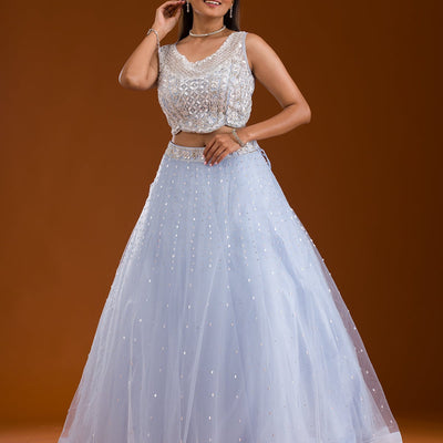 Sky Blue Cutdana Net Readymade Lehenga