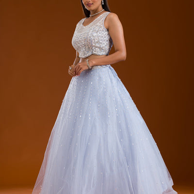 Sky Blue Cutdana Net Readymade Lehenga