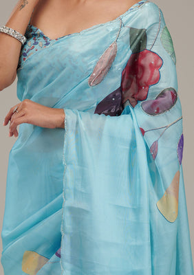 Sky Blue Printed Tissue Saree
