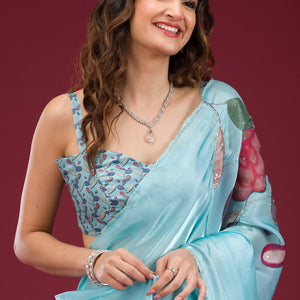 Sky Blue Printed Tissue Saree