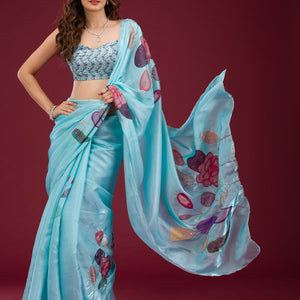 Sky Blue Printed Tissue Saree