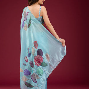 Sky Blue Printed Tissue Saree