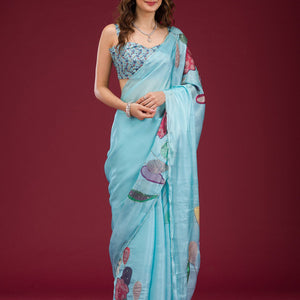 Sky Blue Printed Tissue Saree