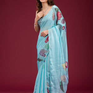 Sky Blue Printed Tissue Saree