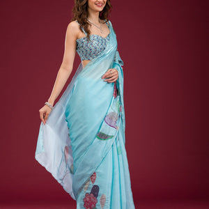 Sky Blue Printed Tissue Saree
